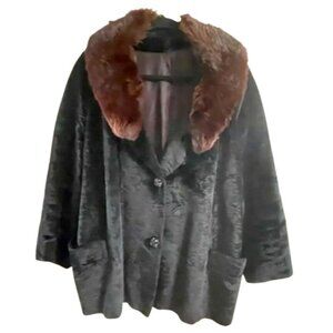Vintage XL 1950’s to 60’s Velour Black Cropped ILGWU Jacket w Dark Fur Collar